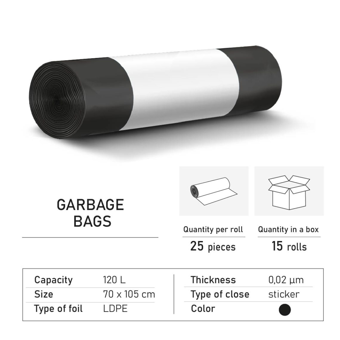 Garbage bags LD 120 liters black with sticker – 25 pieces in a roll ...