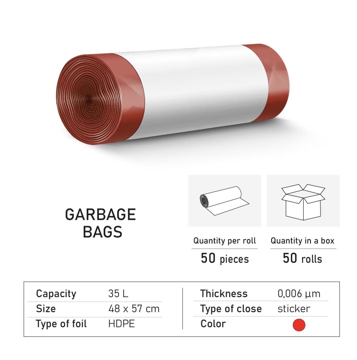 Garbage bags HD 35 liters red with sticker – Vecopak